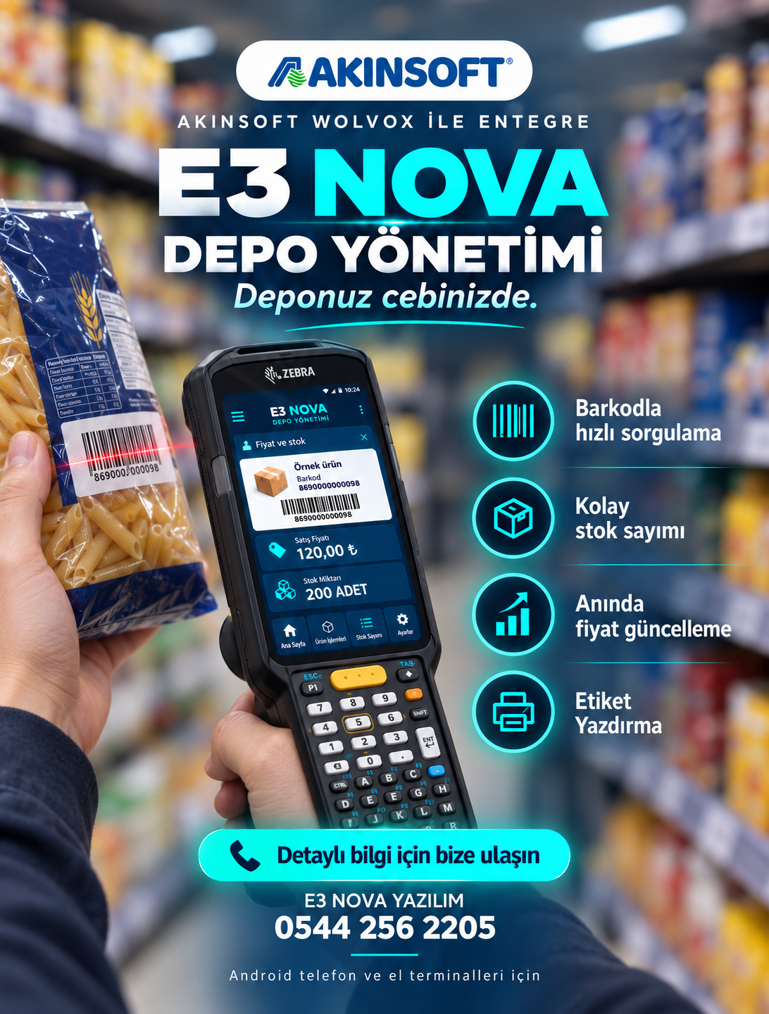 Süpermarkette el terminaliyle ürün barkodu okutma